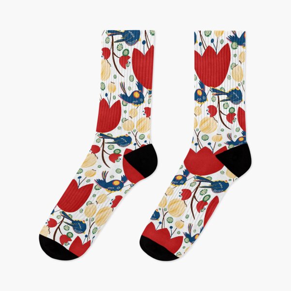 Item preview, Red Poppy Flowers with Cute Birds Folklore Pattern designed and sold by LenkaDesign.