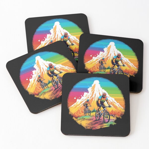 Item preview, Sporty mountain bikers in the mountains - neon colored adventure designed and sold by WallGemsArt.