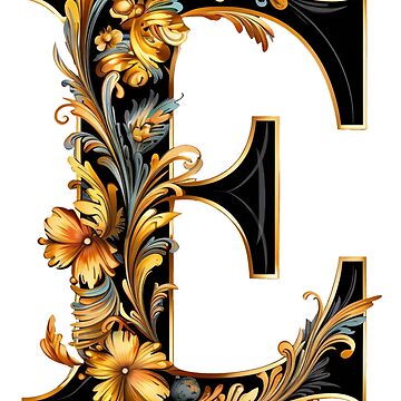 "Letter E Gothic black and gold trimming with floral ornament" Sticker ...
