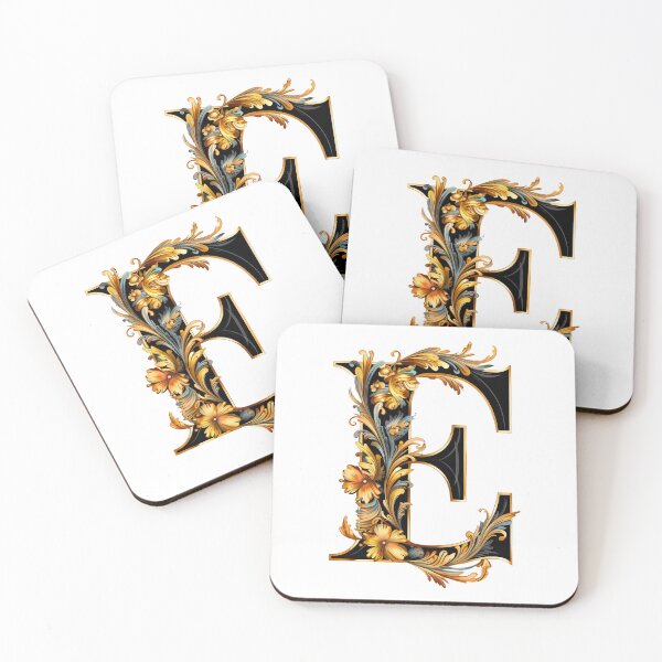Item preview, Letter E Gothic black and gold trimming with floral ornament designed and sold by StylishStacks.