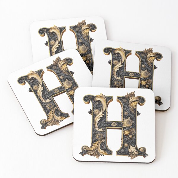 Item preview, Letter H Gothic black and gold trimming with floral ornament designed and sold by StylishStacks.
