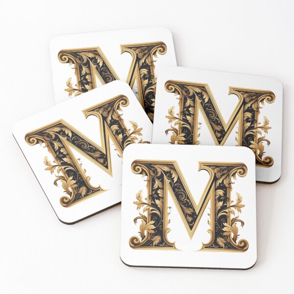 Item preview, Letter M Gothic black and gold trimming with floral ornament designed and sold by StylishStacks.