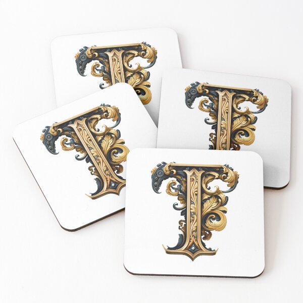 Item preview, Letter T Gothic black and gold trimming with floral ornament designed and sold by StylishStacks.