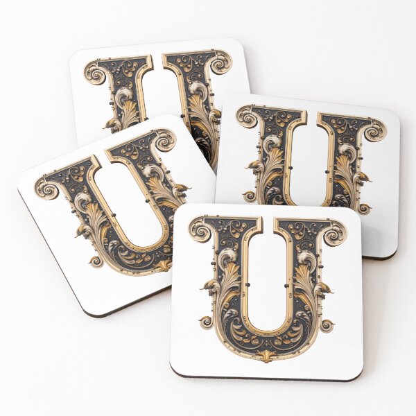 Item preview, Letter U Gothic black and gold trimming with floral ornament designed and sold by StylishStacks.