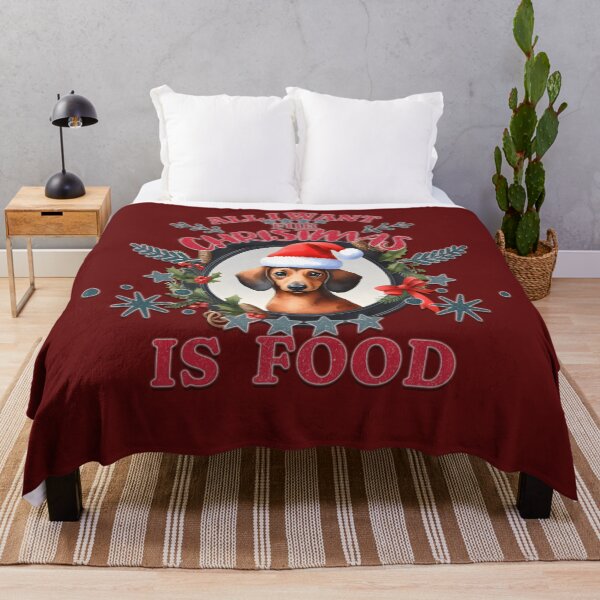 Item preview, Cute chocolate&tan Dachshund puppy with a Santa hat. Text: 'All I want for Christmas is Food' designed and sold by shirtsmugslife.