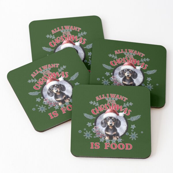 Item preview, Cute black Dachshund puppy with a Santa hat. Text: 'All I want for Christmas is Food' designed and sold by shirtsmugslife.