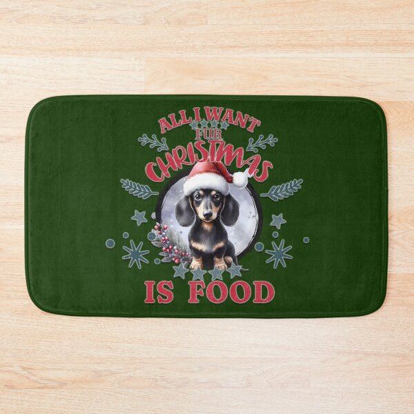 Item preview, Cute black Dachshund puppy with a Santa hat. Text: 'All I want for Christmas is Food' designed and sold by shirtsmugslife.