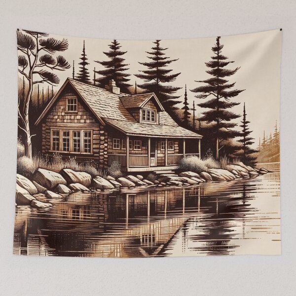 Item preview, Serene Lakeside Cabin in Sepia Woods designed and sold by PictorialWhimsy.