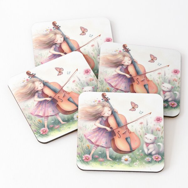 Item preview, Girl Playing Cello in Flowery Meadow with White Persian Kitty Cat designed and sold by ElegantTeaTime.