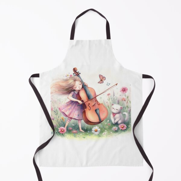 Item preview, Girl Playing Cello in Flowery Meadow with White Persian Kitty Cat designed and sold by ElegantTeaTime.