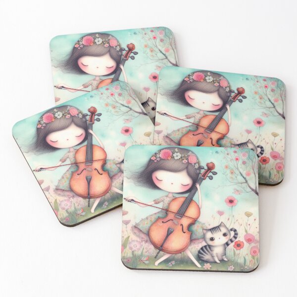 Item preview, Girl Playing Cello in Flowery Meadow with Grey Tabby Kitty Cat Music Student Gift designed and sold by ElegantTeaTime.