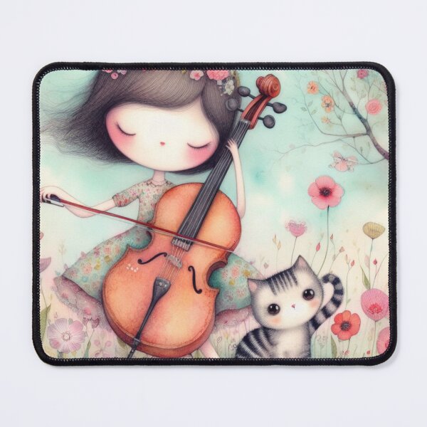 Item preview, Girl Playing Cello in Flowery Meadow with Grey Tabby Kitty Cat Music Student Gift designed and sold by ElegantTeaTime.
