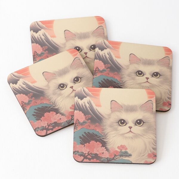 Item preview, Vintage Japanese Landscape with Traditional Asian Nature, Mountains and a Fluffy White Cat designed and sold by Je-we.