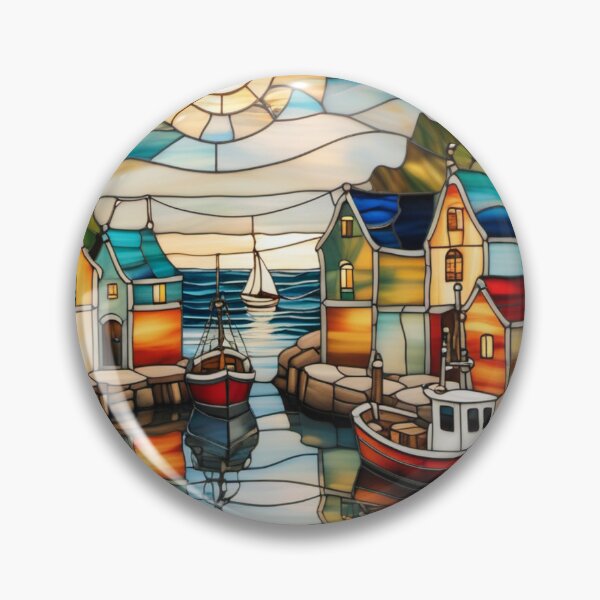 Item preview, Peaceful Fishing Harbor Stained Glass Effect Oil Painting designed and sold by Culture2Design.