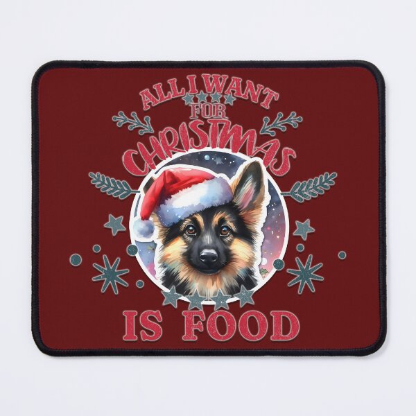 Item preview, Cute German Shepherd puppy with a Santa hat. Text: 'All I want for Christmas is Food' designed and sold by shirtsmugslife.