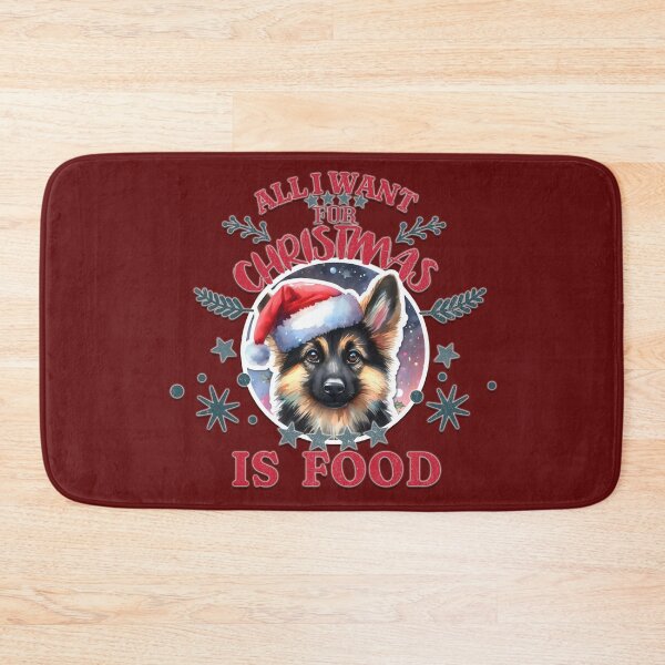 Item preview, Cute German Shepherd puppy with a Santa hat. Text: 'All I want for Christmas is Food' designed and sold by shirtsmugslife.