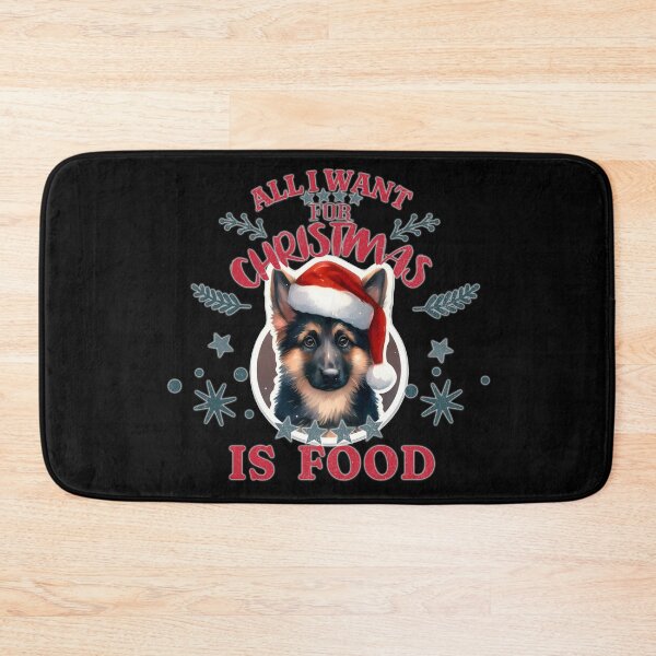 Item preview, Cute German Shepherd puppy with a Santa hat. Text: 'All I want for Christmas is Food' designed and sold by shirtsmugslife.