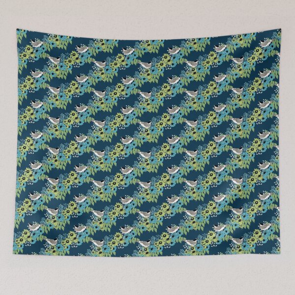 Item preview, Birds & Wildflowers - Dark Blue/Teal designed and sold by sunlightforest.
