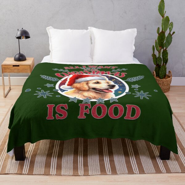 Item preview, Cute Golden Retriever puppy with a Santa hat. Text: 'All I want for Christmas is Food' designed and sold by shirtsmugslife.