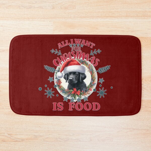 Item preview, Cute black Labrador puppy with a Santa hat. Text: 'All I want for Christmas is Food' designed and sold by shirtsmugslife.