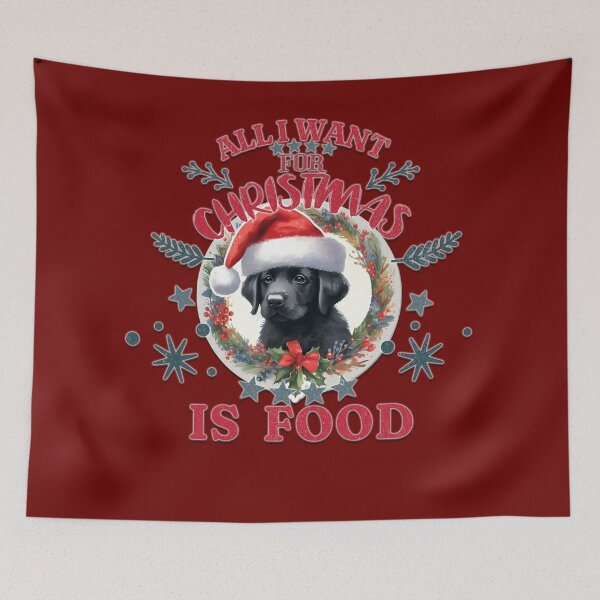 Item preview, Cute black Labrador puppy with a Santa hat. Text: 'All I want for Christmas is Food' designed and sold by shirtsmugslife.