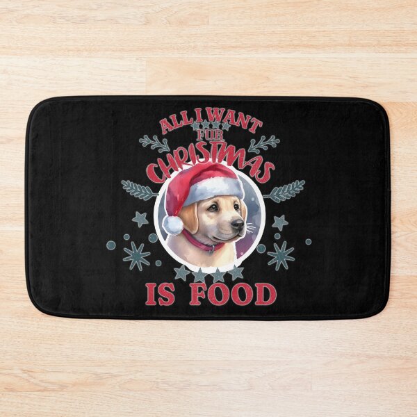 Item preview, Cute yellow Labrador puppy with a Santa hat. Text: 'All I want for Christmas is Food' designed and sold by shirtsmugslife.