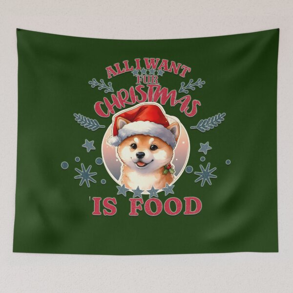 Item preview, Cute Shiba Inu puppy with a santa hat. Text: 'All I want for Christmas is Food' designed and sold by shirtsmugslife.