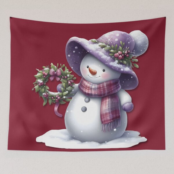 Item preview, Snowman with a Mistletoe Wreath - red Christmas background designed and sold by DreamyEscapism.