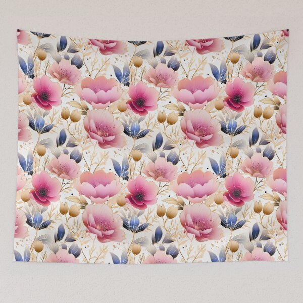 Item preview, Pink Blue Anemone Flowers Elegant Pattern with Gold Accents designed and sold by adlydesigns.