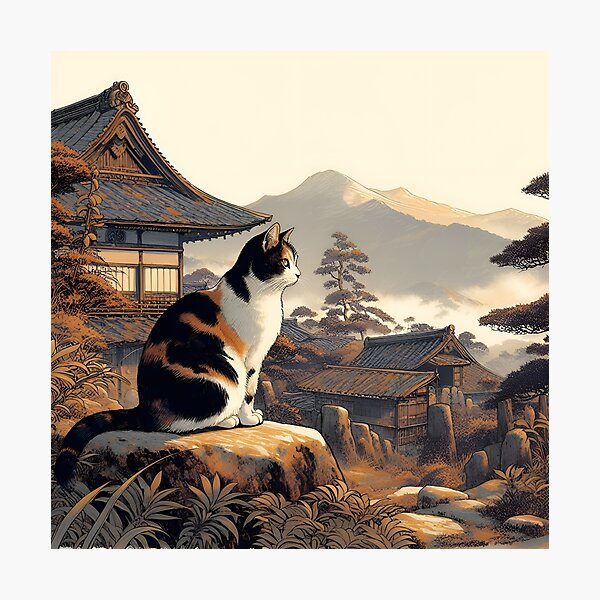 Item preview, Tricolor cat in the countryside of old Japan designed and sold by GatoTienda.