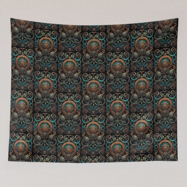 Item preview, curvilinear ornamental pattern, Celtic inspiration with, stylized metal crown on black background designed and sold by Creativesphotos.