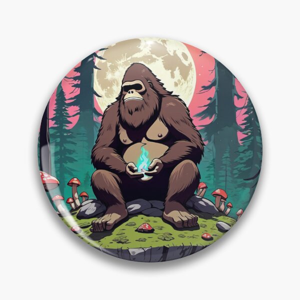 Item preview, Mystical Sasquatch embraces moonlit serenity, surrounded by whimsical mushrooms designed and sold by MoonShroomPrint.
