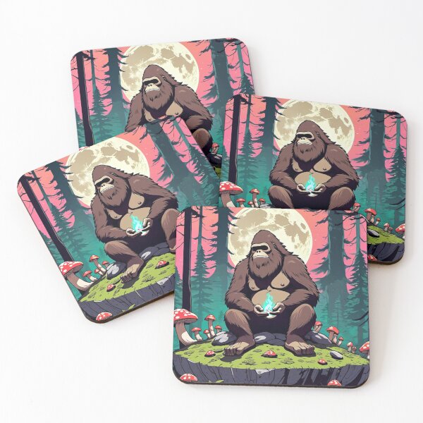 Item preview, Mystical Sasquatch embraces moonlit serenity, surrounded by whimsical mushrooms designed and sold by MoonShroomPrint.