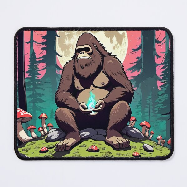 Item preview, Mystical Sasquatch embraces moonlit serenity, surrounded by whimsical mushrooms designed and sold by MoonShroomPrint.