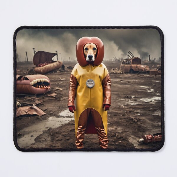 Item preview, Post-apocalyptic pup dons heroic hot dog attire designed and sold by MoonShroomPrint.