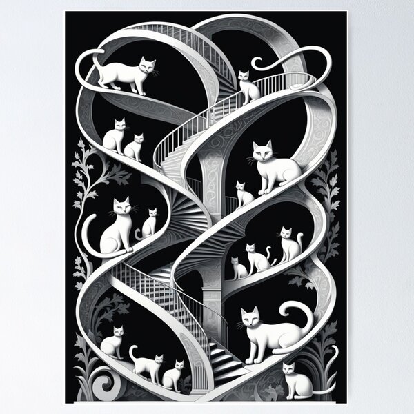 Escher's Optical Illusion and Endless Walls and Stairs with Cats Impossible Construction Poster
