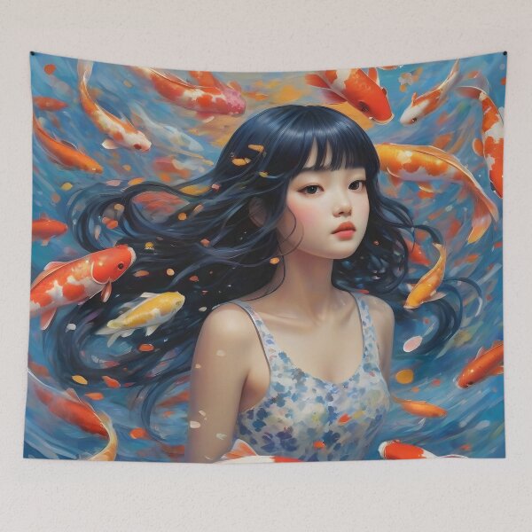 Item preview, Woman with fish in the sea artistic watercolor style designed and sold by pixelartestudio.