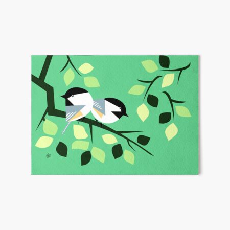 Black Capped Chickadeess on Branch among Leaves Art Board Print