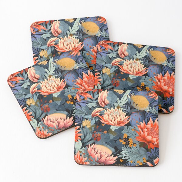 Item preview, Protea Blaze - Fiery Floral Elegance on Cool Blue designed and sold by FernsbyDesign.