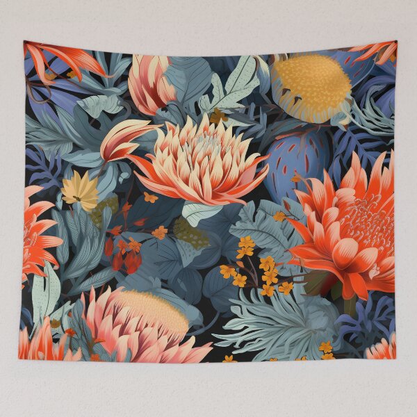 Item preview, Protea Blaze - Fiery Floral Elegance on Cool Blue designed and sold by FernsbyDesign.