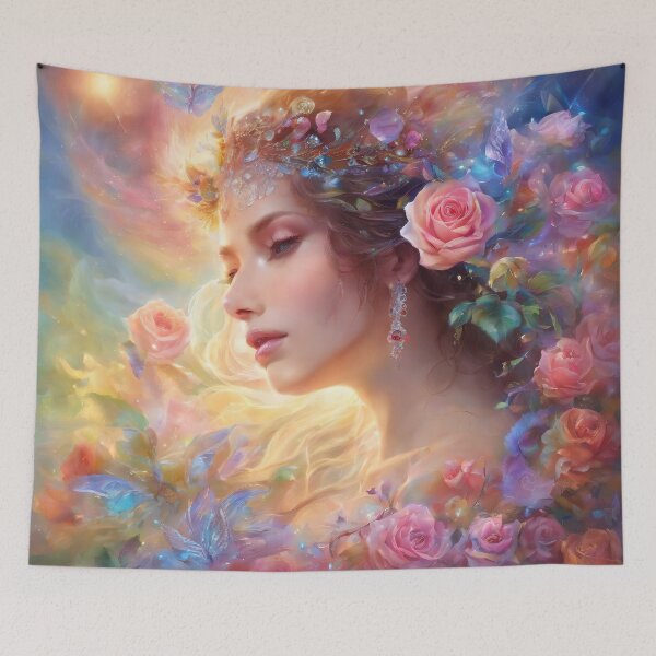 Item preview, Captivating Beauty: Woman Embraced by Radiant Roses with Mesmerizing Rainbow Petals designed and sold by UnitedColours.