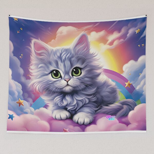 Item preview, Whimsical Y2K Rainbow Gray Longhair Kitten Merchandise - Purr-fectly Magical Vibes! designed and sold by ChromaKins.