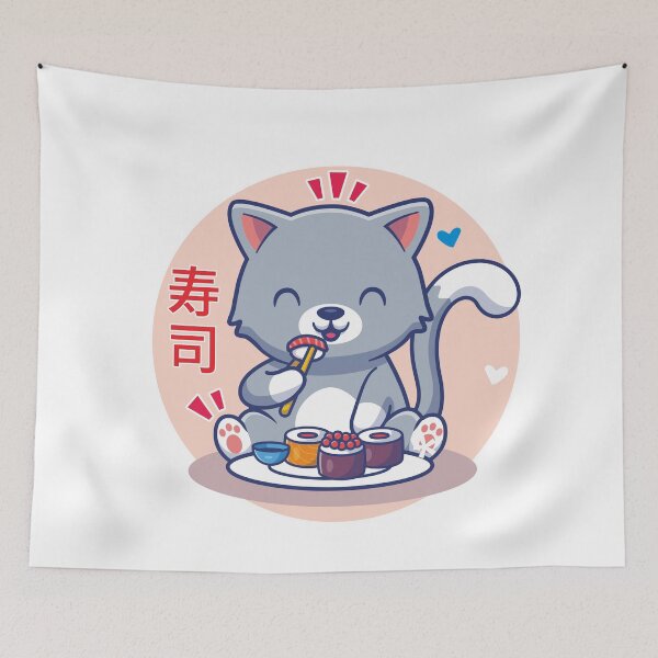 Item preview, Cute Kawaii Cat Eating Sushi on Pink designed and sold by BigKids-Art.