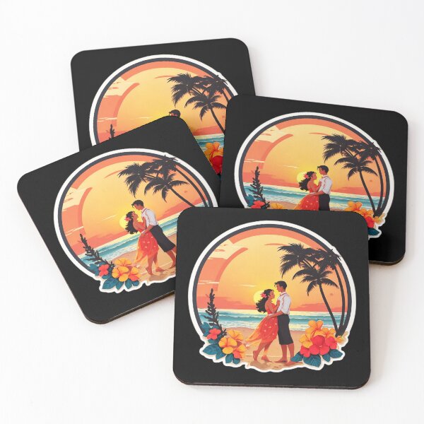 Item preview, Couple in Love Watching Hawaiian  Sunset with Orchid Flowers and Palm Trees designed and sold by NautiChic.