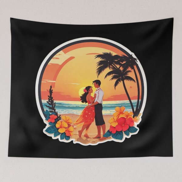 Item preview, Couple in Love Watching Hawaiian  Sunset with Orchid Flowers and Palm Trees designed and sold by NautiChic.