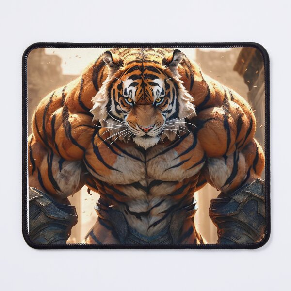 Artikelvorschau, muskulöser Tiger, individuelles Design, Midjourney-Kunst, entworfen und verkauft von MiidjourneyART.