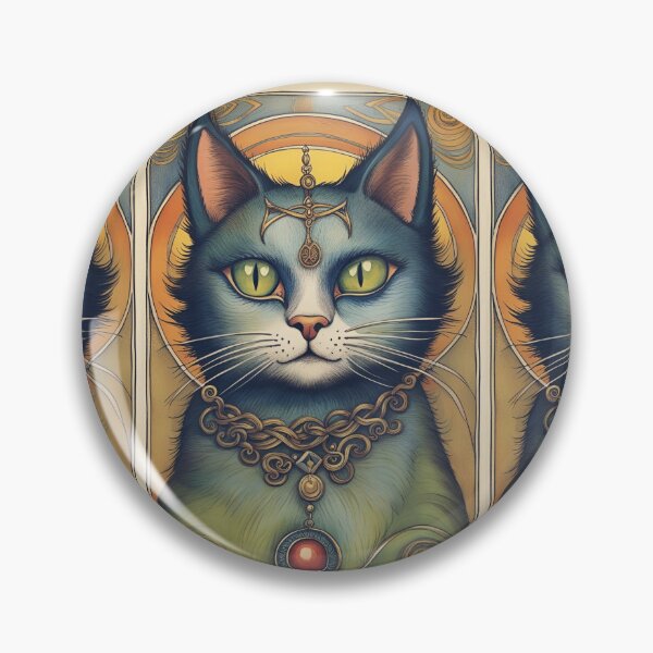 Item preview, head of a mystical cat with green eyes, wearing necklace and tiara, Celtic symbolism designed and sold by Creativesphotos.