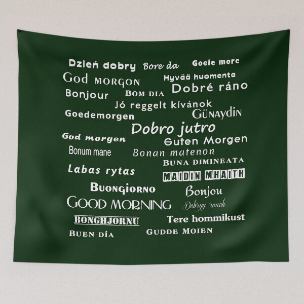 Item preview, Good morning in many languages, dzień dobry, Goedemorgen, Dobre rano, Bonjour, stay positive, nice day, for dark background designed and sold by Pawprints by Katrze.