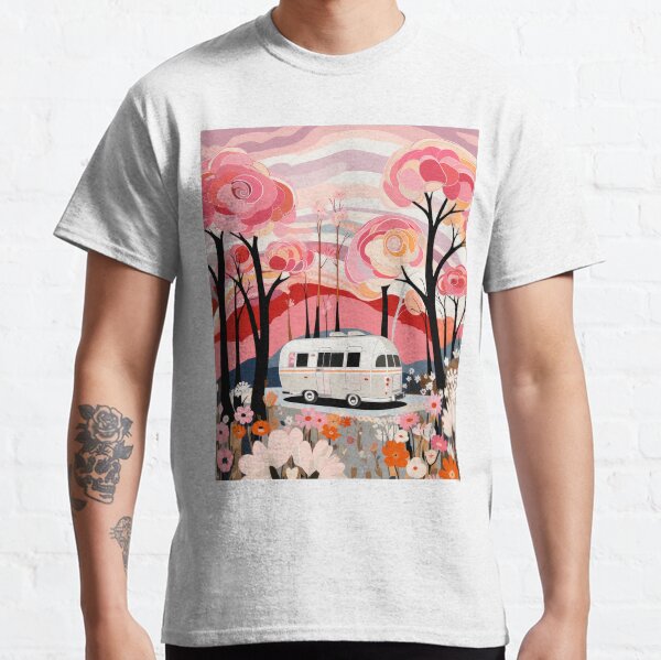 Vista previa del artículo con la obra «Pink Spring Airstream - Camping de arte popular retro de los años 70», diseñado y vendido por GalleryOXO.