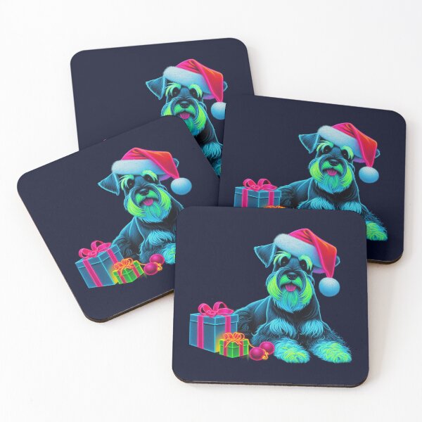 Item preview, Schnauzer navideño neón con regalos designed and sold by barksandsqueaks.